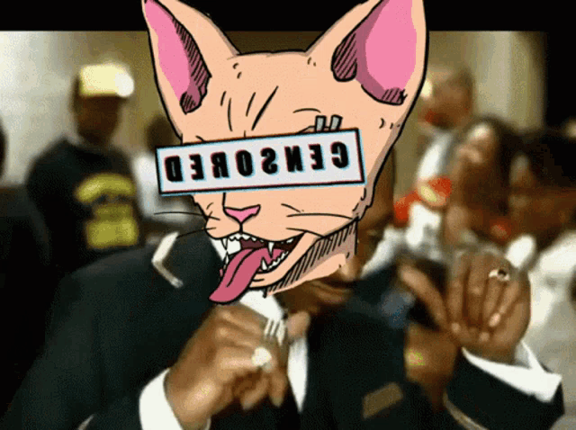 a cartoon of a cat with a censored label on its face