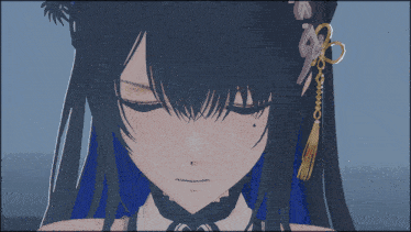 a close up of a anime girl with red eyes