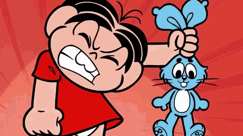 a cartoon character is holding a stuffed animal in his hand