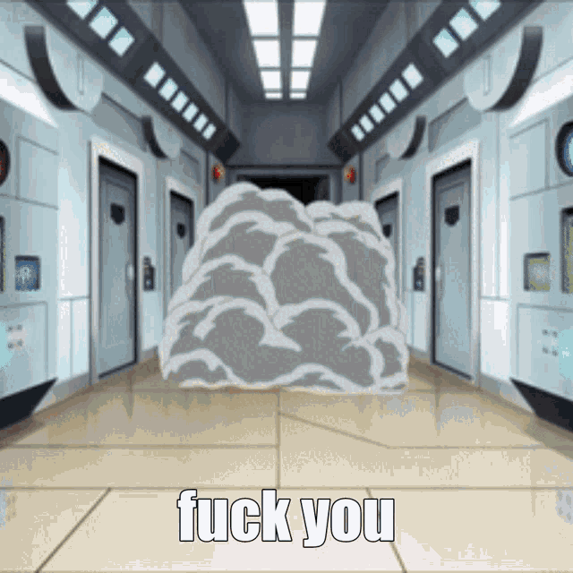 a picture of a hallway with smoke coming out of it and the words fuck you on the floor