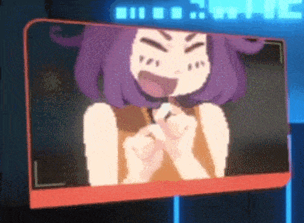 a cartoon character with purple hair is on a television screen