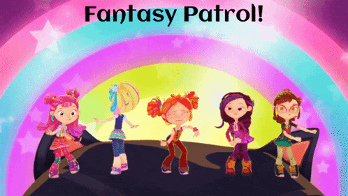 a poster for fantasy patrol shows a rainbow in the background