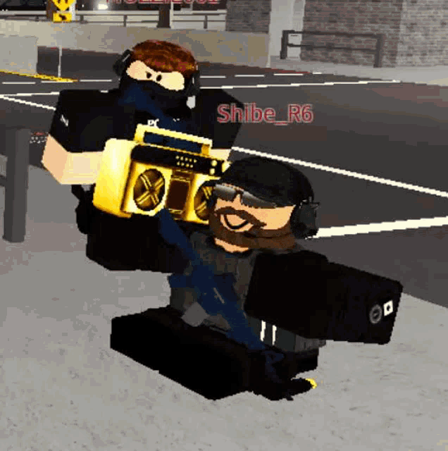 a cartoon character holding a boombox and a gun with the name shibe_r6 on the bottom right