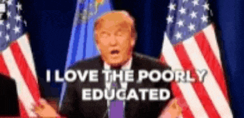 donald trump is giving a speech in front of american flags .