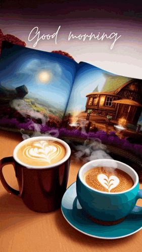 two cups of coffee on a saucer next to an open book that says " good morning "