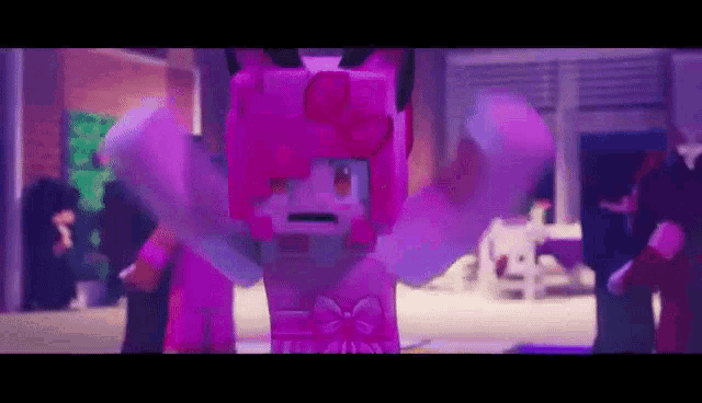 a minecraft character wearing a pink dress and a pink hat is standing in front of a crowd of people .
