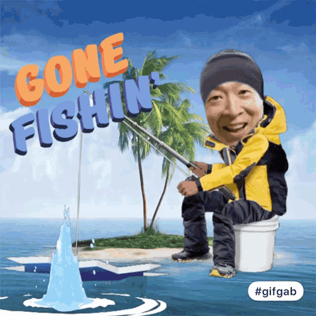a cartoon of a man fishing with the words gone fishin