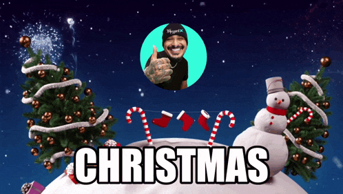 a man giving a thumbs up in front of a christmas scene