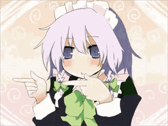 a girl with purple hair and blue eyes is wearing a green bow tie