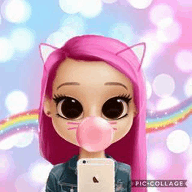 a doll with pink hair and cat ears is blowing a bubble with her phone .