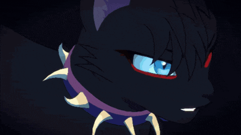 a black cat with blue eyes wearing a purple collar