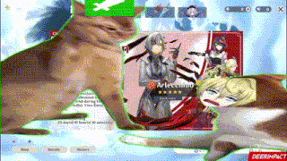 a cat is sitting in front of a screen with a picture of arlecchino on it