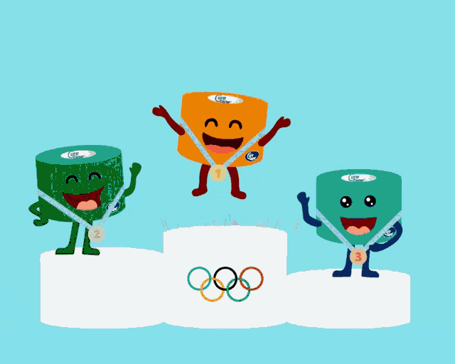 three cartoon characters standing on a podium with olympic rings