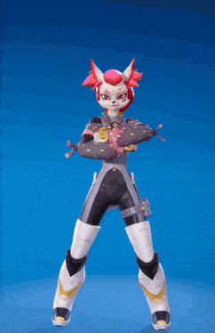 a video game character with a pink head and red hair is standing with her arms crossed