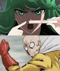 a woman with green hair is holding a pregnancy test next to a man with a bald head .