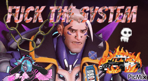 a picture of a video game character with the words " fuck the system " on it