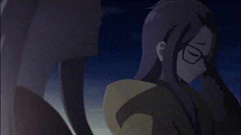 a girl with long purple hair and glasses is standing next to another girl