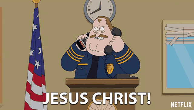 a cartoon of a police officer talking on a phone with the words jesus christ written below him