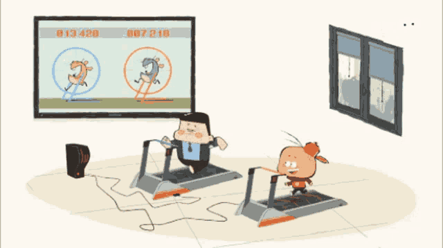 a cartoon drawing of two people on treadmills with a tv screen behind them that says 0 13 427