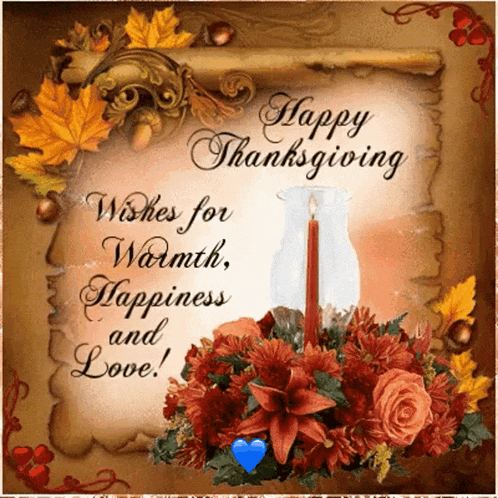 a thanksgiving card with flowers and a candle