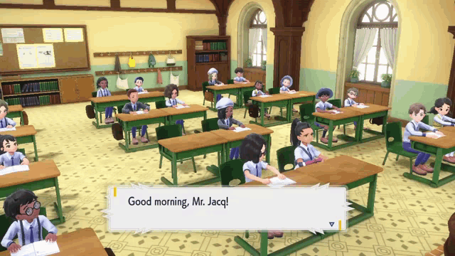 a video game shows a classroom full of children and says good morning mr jacq
