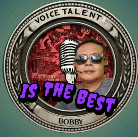 a picture of a man with sunglasses and a microphone with the words voice talent is the best bobby