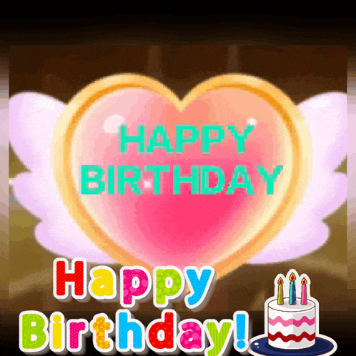 a happy birthday greeting card with a heart and cake