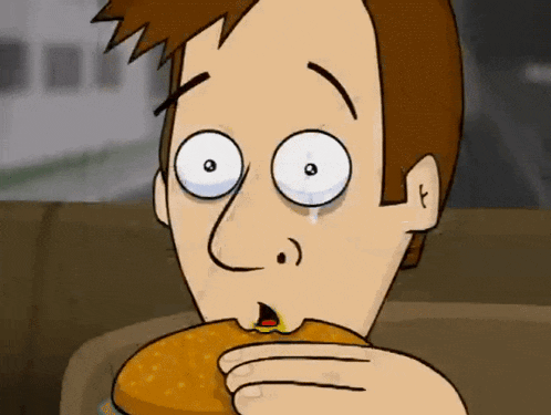 a cartoon of a man eating a hamburger with his eyes closed