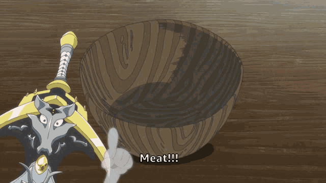 a cartoon of a wolf giving a thumbs up next to a bowl of meat that says meat !!!