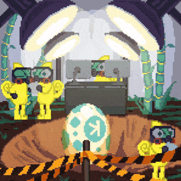 a pixel art drawing of a room with a green egg and a sign that says caution