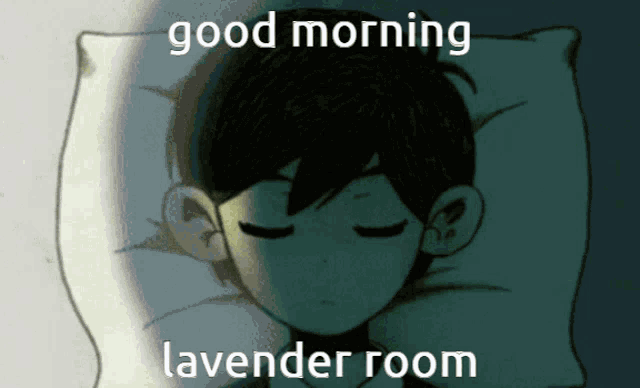 a cartoon of a boy sleeping with the words " good morning lavender room " below him