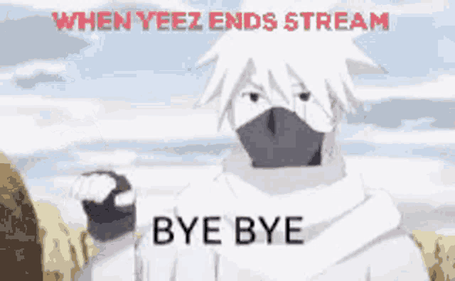 a cartoon character with a mask on says `` bye bye '' in front of a cloudy sky .
