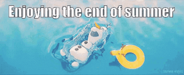 a picture of a snowman floating in a pool with the words enjoying the end of summer