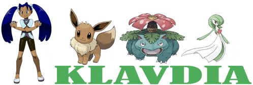 eevee venusaur gary and a girl with blue hair are on a poster that says klavdia