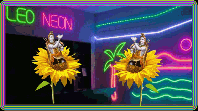 a neon sign with a statue of shiva on a sunflower in front of it
