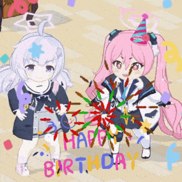 two anime girls are standing next to each other with the words happy birthday written on the floor