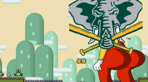 a cartoon of an elephant holding a baseball bat and a tm logo