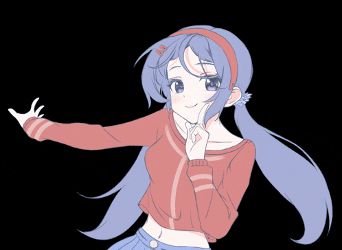 a drawing of a girl with blue hair and a red shirt