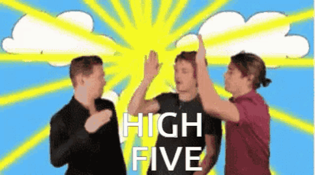 three men are giving each other a high five in front of a cloudy sky