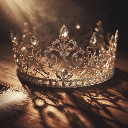 a crown is sitting on a wooden surface with the sun shining through it