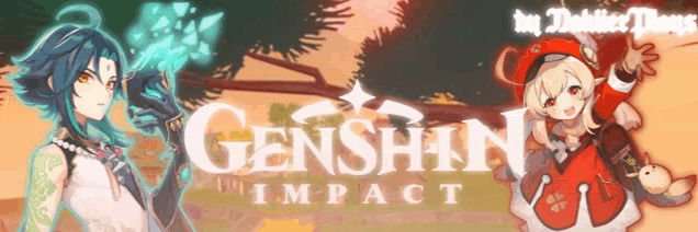 a banner for genshin impact with a boy and a girl