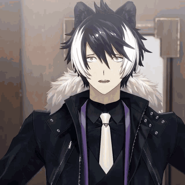 a black and white anime character with a furry collar and tie