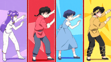 four cartoon characters are standing in a row and one of them is a girl in a blue dress