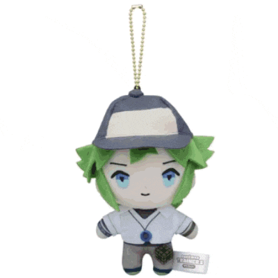 a stuffed toy with green hair and a hat is hanging from a chain
