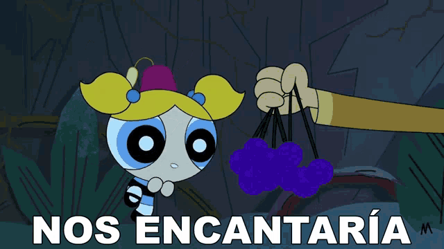 bubbles from the powerpuff girls holds a bunch of purple grapes