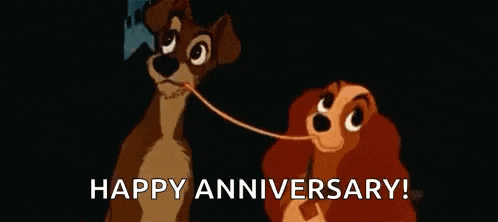 lady and the tramp is celebrating their anniversary with a cartoon dog holding a string between them .