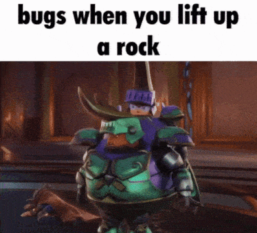a video game character with the words bugs when you lift up a rock on the bottom