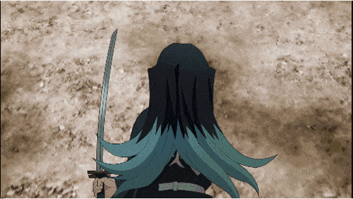 a person with long black hair is holding a sword in their hand