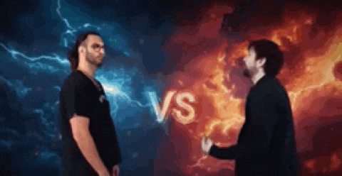 two men are standing next to each other in front of a fire and lightning .