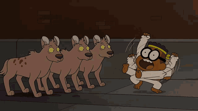 a cartoon of a man being attacked by a herd of hyenas